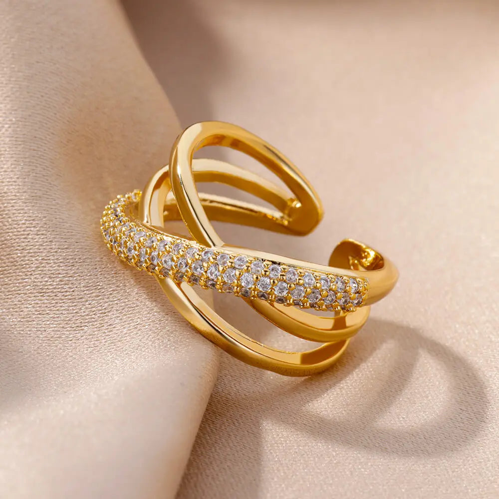 Fashion Gold Color Stainless Steel Rings For Women Chain Hollow Out Crystal Zircon Finger Ring Jewelry