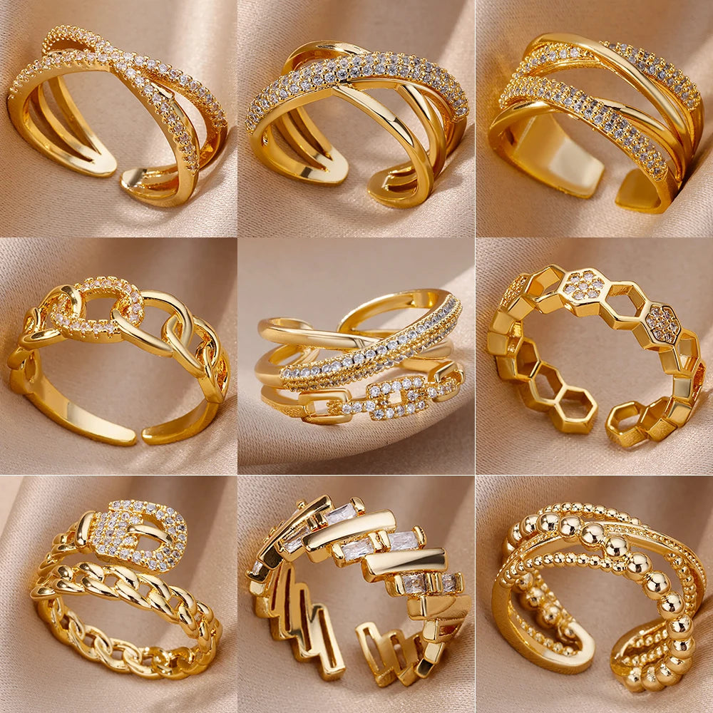 Fashion Gold Color Stainless Steel Rings For Women Chain Hollow Out Crystal Zircon Finger Ring Jewelry