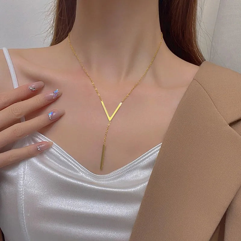 V-shaped long sexy Clavicle Necklace for Women Gold Colour Link Chain Necklace Party Jewelry Fashion Accessories Birthday Gift