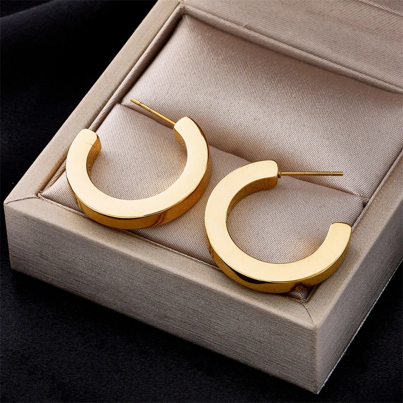 Stainless Steel Round Wide Hoop Earrings For Women Fashion Gold Color Body Jewlery Party Gift