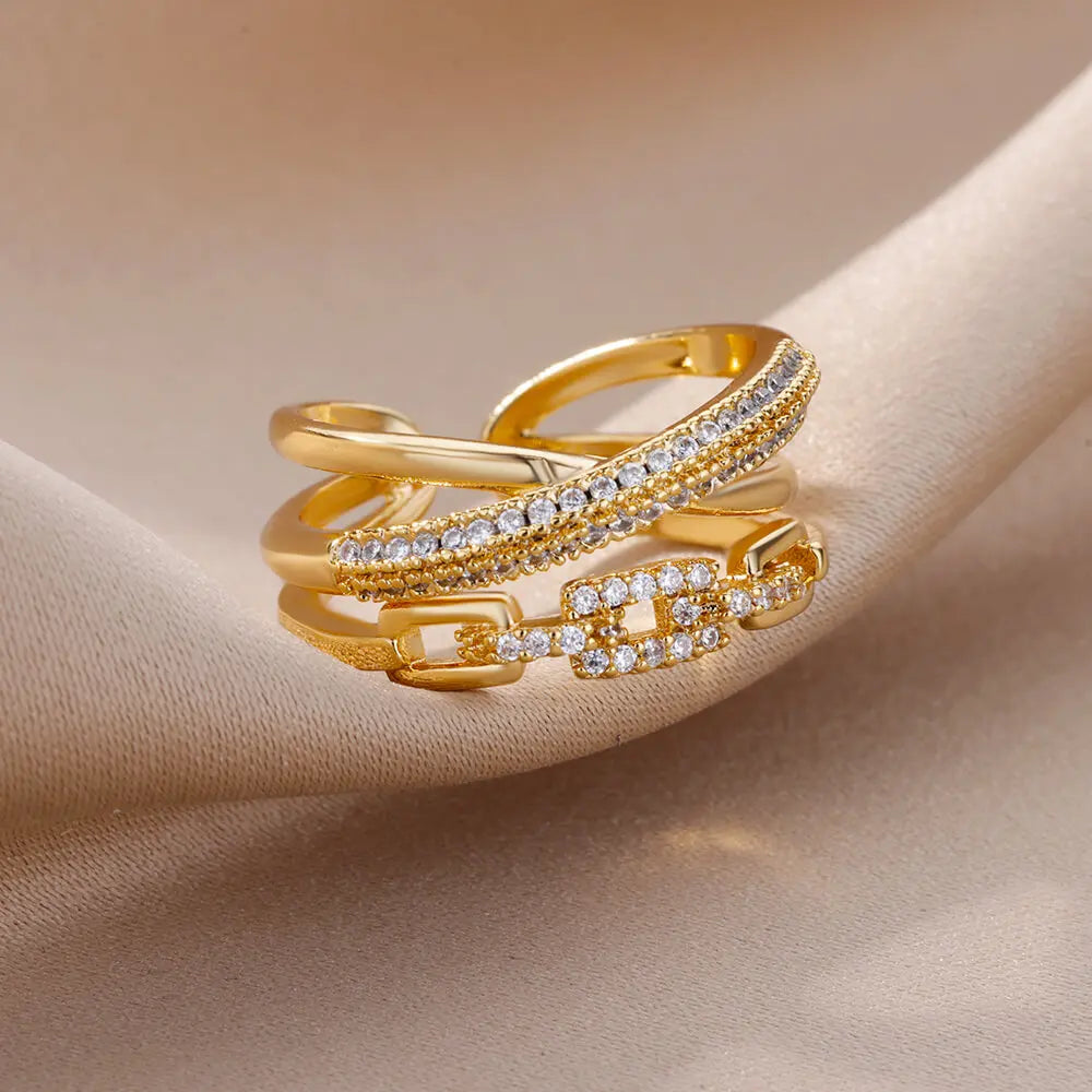 Fashion Gold Color Stainless Steel Rings For Women Chain Hollow Out Crystal Zircon Finger Ring Jewelry